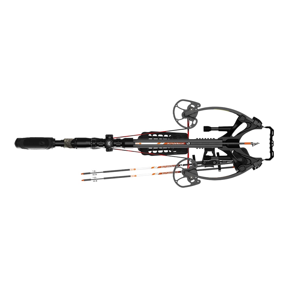 Top view of the Barnett Hypertac 420 Crossbow | BAR78009 by Barnett, a compact crossbow with modern tactical design, loaded with two HyperFlite arrows, featuring a scope, cams, and a sleek black finish.