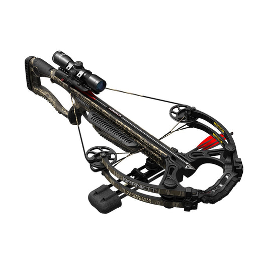 The Barnett Whitetail Hunter STR Crossbow (BAR78263) by Barnett, shown in black and camo with a mounted scope, foot stirrup, and two red arrows beneath the rails on a white background—ideal for hunting fans.