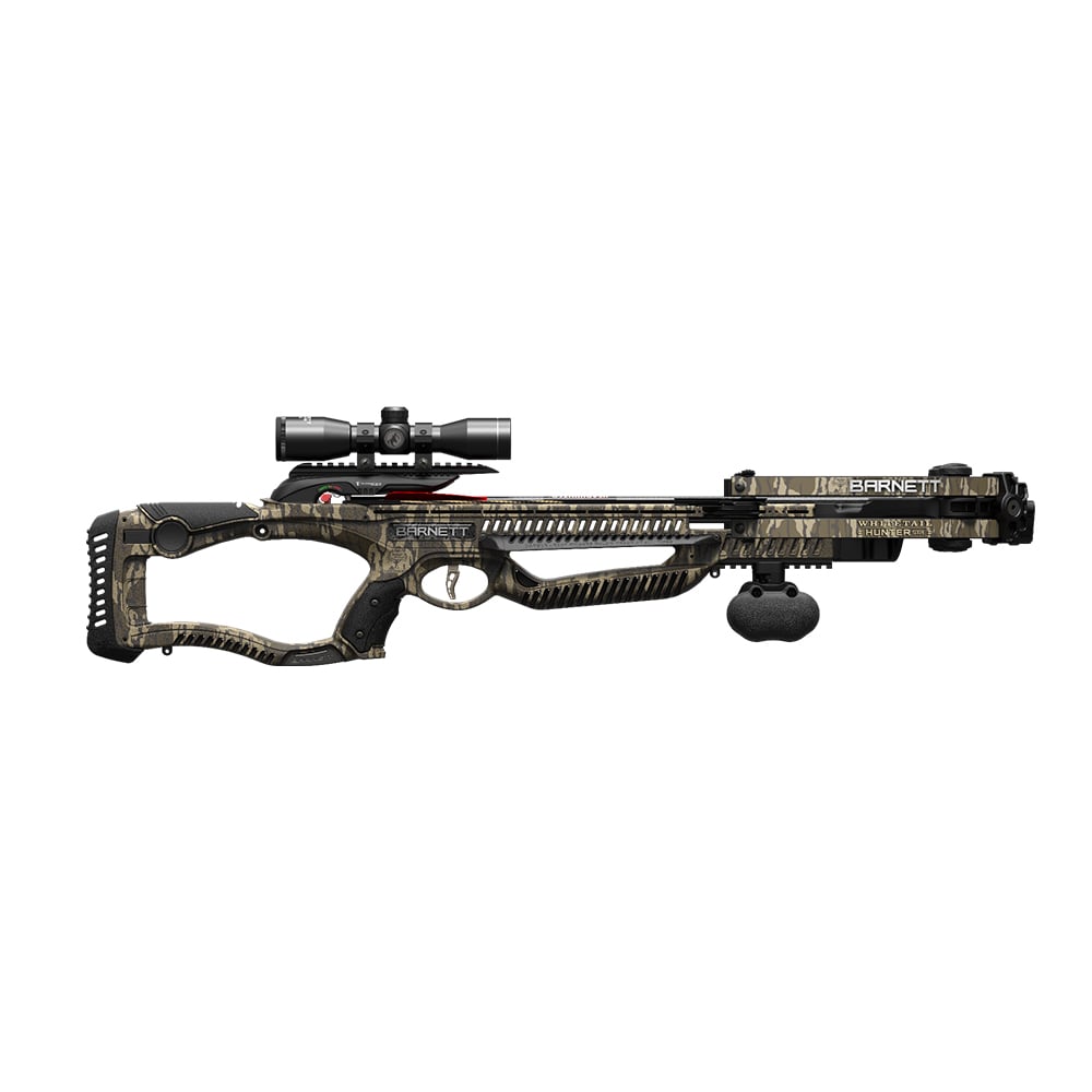 The Barnett Whitetail Hunter STR Crossbow | BAR78263 by Barnett features a mounted scope, a textured grip, black and green accents, and camo design for hunting; shown in side profile on a white background.