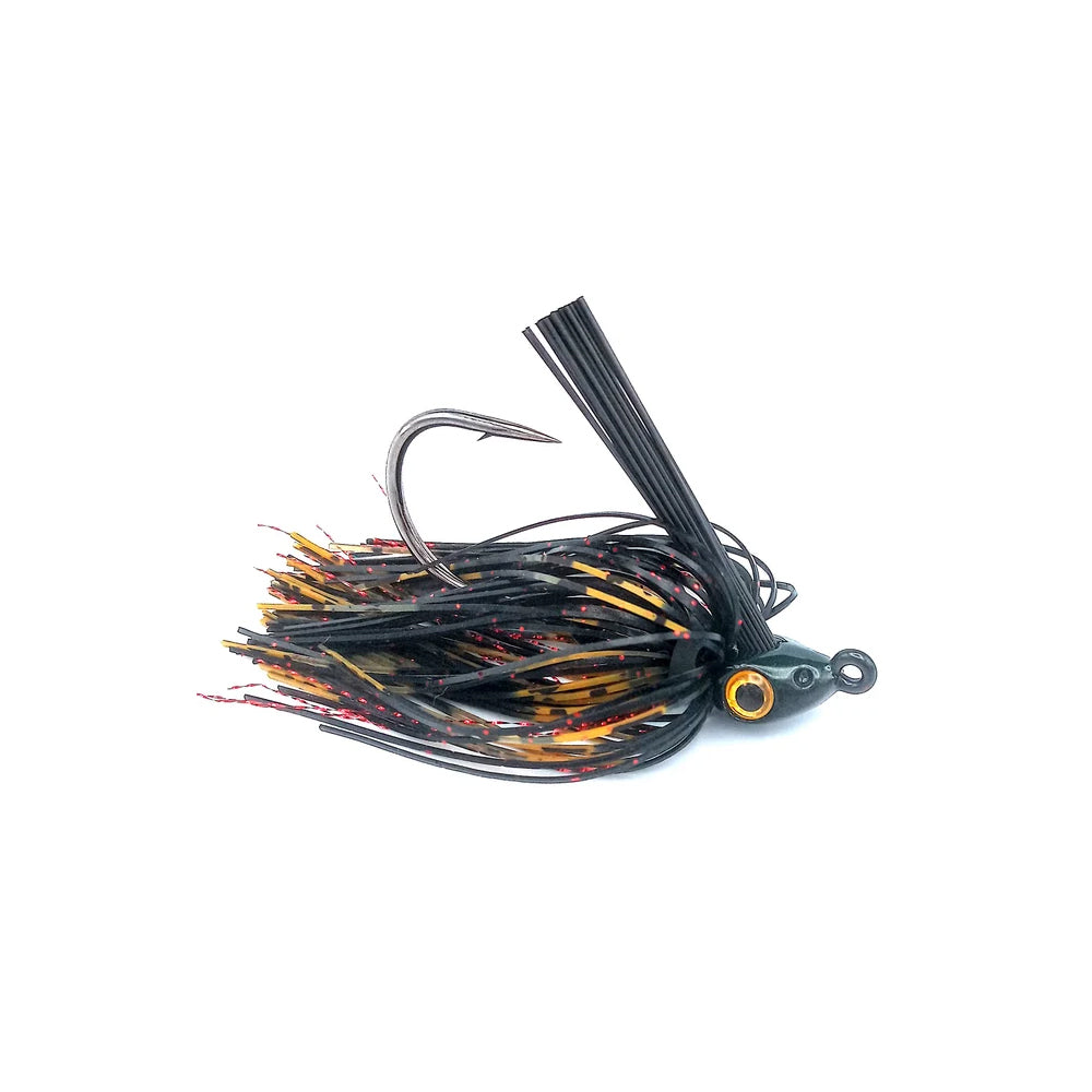 The Beast Coast Zero Flex Gorilla Swim Jig V1 7/16oz. 420 Pro features a large hook, black weed guard, and a skirt of black, yellow, and red strands to mimic small aquatic prey. Brand: Beast Coast. Isolated on white background.