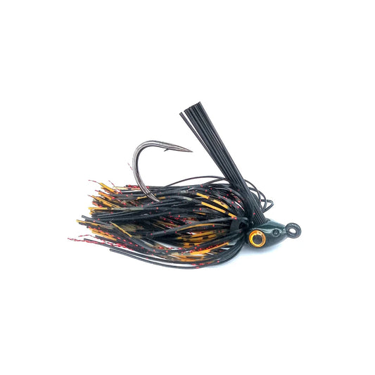 The Beast Coast Zero Flex Gorilla Swim Jig V1 7/16oz. 420 Pro features a large hook, black weed guard, and a skirt of black, yellow, and red strands to mimic small aquatic prey. Brand: Beast Coast. Isolated on white background.
