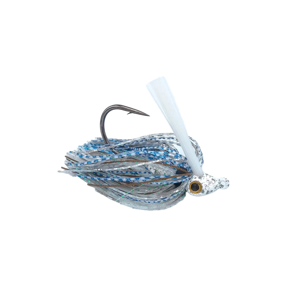 The Beast Coast Zero Flex Gorilla Swim Jig V1 3/8oz. Mint Shad features a silver hook, blue and silver skirt, white weed guard, and a painted fish head with a yellow eye, displayed on a white background.