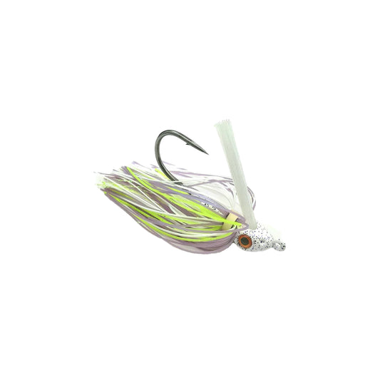 The Beast Coast Zero Flex Gorilla Swim Jig V1 7/16oz. Special Shad features a white head, orange eye, single hook, and light purple, white, and yellow-green skirt strands, shown isolated on a white background.