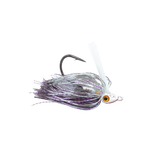 The Beast Coast Zero Flex Gorilla Swim Jig V1 7/16oz in Violet Threadfin features a silver and purple skirt, large single hook, weed guard, and orange-black eye, shown isolated on a white background.