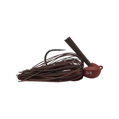 The Beast Coast Lil' Magnum Compact Flipping Tungsten Jig by Beast Coast features a weight-forward 3/4 jig head, a brown skirt of long, thin strands, and an optimally angled weed guard for enhanced performance.