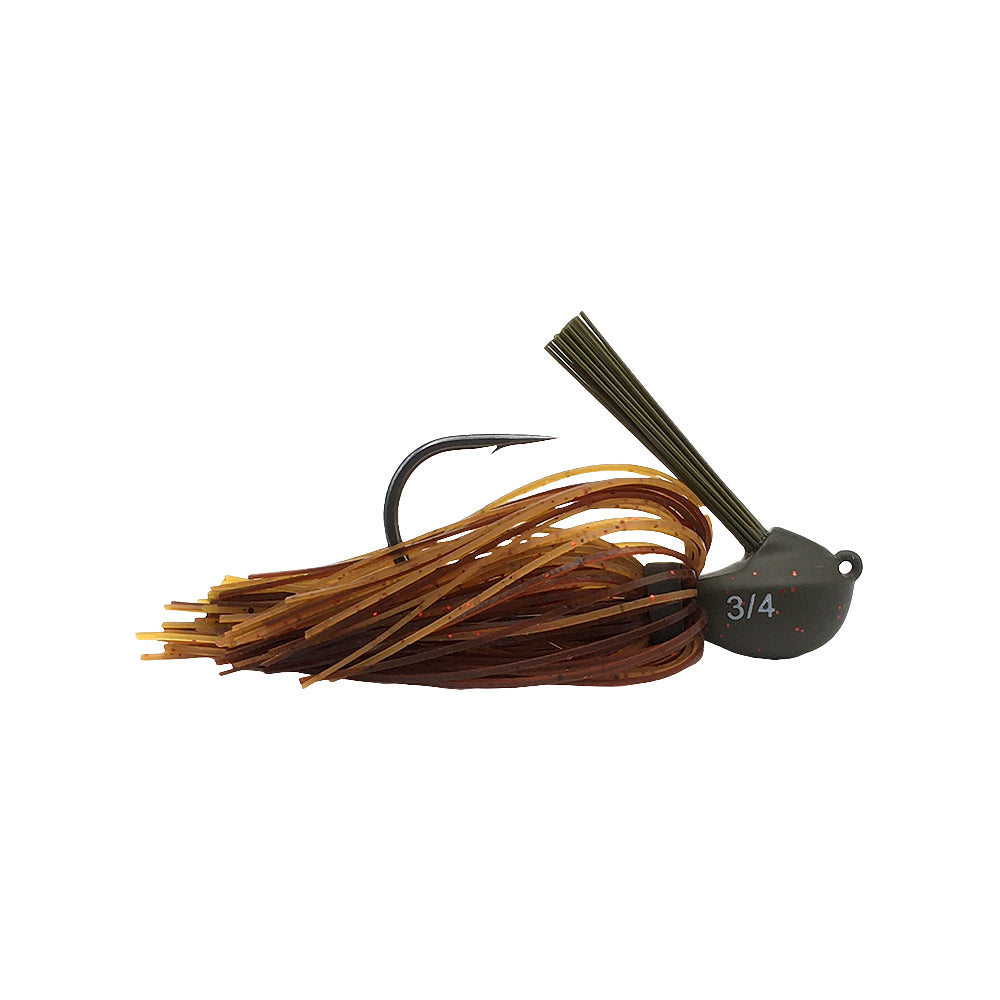 The Beast Coast Lil' Magnum Compact Flipping Tungsten Jig features a "3/4" green rounded head with a rear hook. It's weight-forward with brown and orange hair-like strands extending from the base for added flexibility.