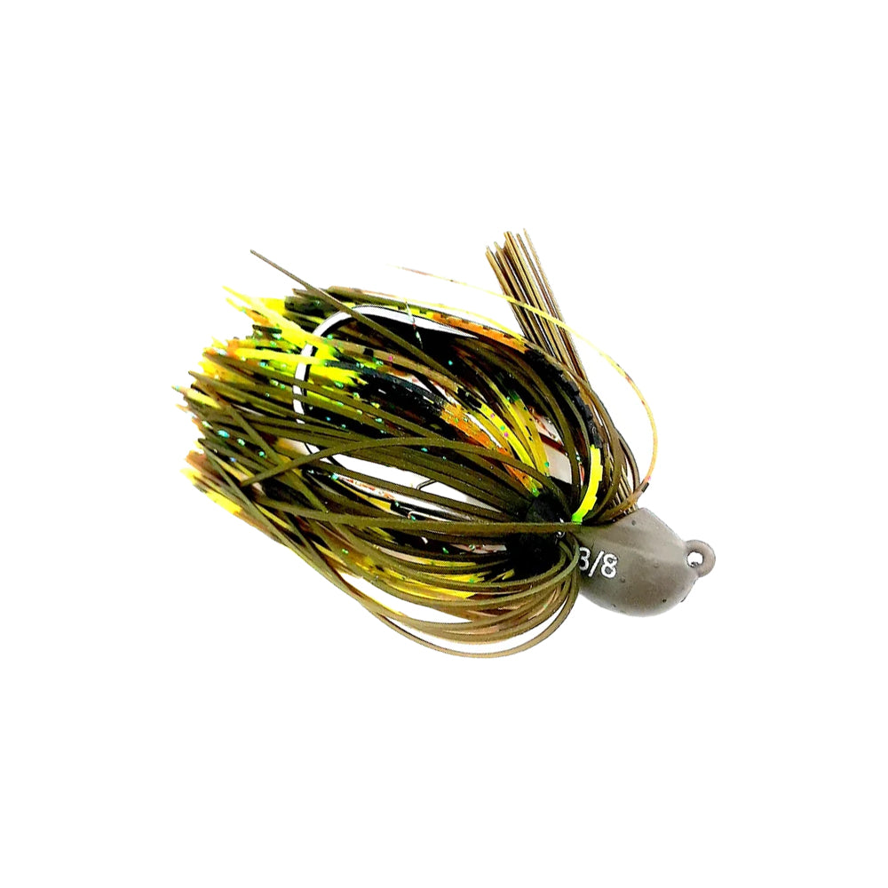The Beast Coast Lil' Magnum Compact Flipping Tungsten Jig features a multicolored skirt in green, yellow, and brown with a gray head marked "3/8." Its weight-forward design ensures optimal casting distance and lure presentation.