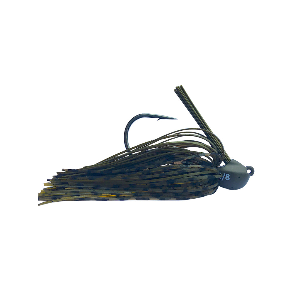 The Beast Coast Lil' Magnum Compact Flipping Tungsten Jig features a dark, round head with a hook and multi-colored fringed skirt in green and brown for camouflage. The "3/8" weight-forward design includes an optimal weed guard angle against a plain white backdrop.