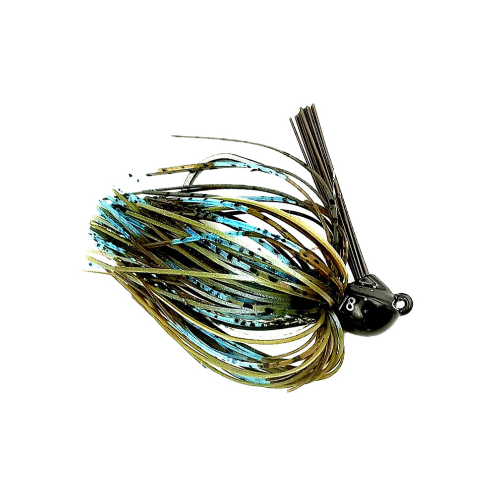 The Beast Coast Lil' Magnum Compact Flipping Tungsten Jig, crafted by Beast Coast, features a weight-forward design with multicolored fringes in green, blue, and brown. It has a weighted black head labeled "18" with a loop for attachment, ensuring optimal performance in the water.