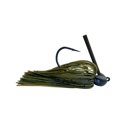 The Beast Coast Lil' Magnum Compact Flipping Tungsten Jig in green and black features a 3/8 weight, hook, and skirt. It includes a weed guard with an optimal angle and a detailed pattern on the skirt strands.