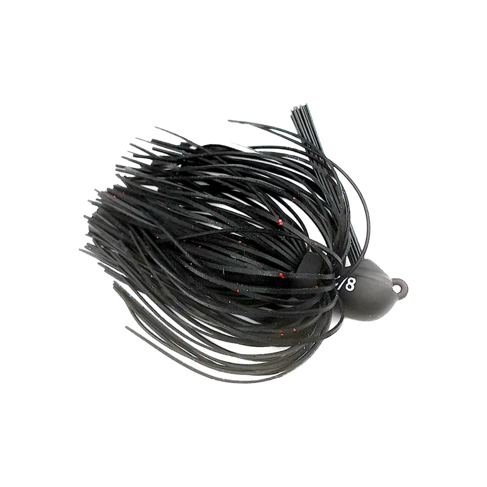 The Beast Coast Lil' Magnum Compact Flipping Tungsten Jig by Beast Coast is sleek and black with long, thin skirt-like rubber strands featuring tiny red speckles. Its head is marked "78," and the weight-forward design ensures optimal performance for any fishing adventure.