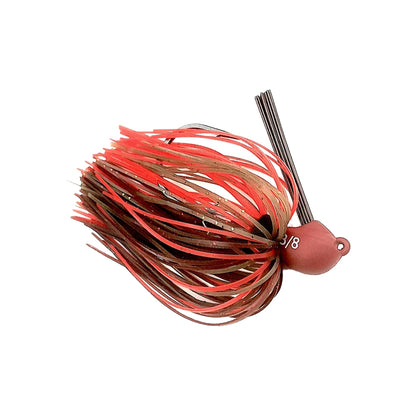 The Beast Coast Lil' Magnum Compact Flipping Tungsten Jigs by Beast Coast features a rounded 3/8 tungsten head, a hook, and multi-colored strands in red and brown with a weight-forward design to boost its fish-attracting appeal.