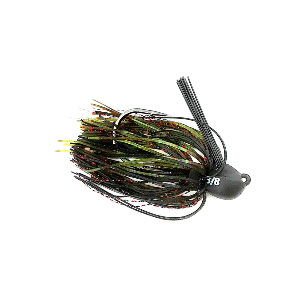 The Beast Coast Lil' Magnum Compact Flipping Tungsten Jig features a weighted tungsten head marked “3/8” and an innovative weight-forward design, along with a vibrant multi-colored fringed skirt with green, black, and red strands for enhanced casting accuracy.