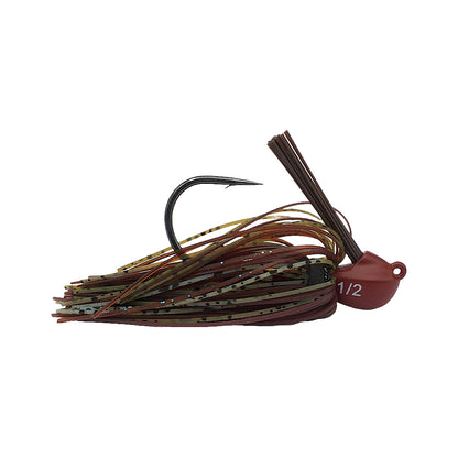 The Beast Coast Lil' Magnum Compact Flipping Tungsten Jig features a red head with a brown-and-green skirt speckled in black. This 1/2-ounce jig from Beast Coast has a weight-forward design, single sharp hook, and optimized weed guard angle for precise casting.