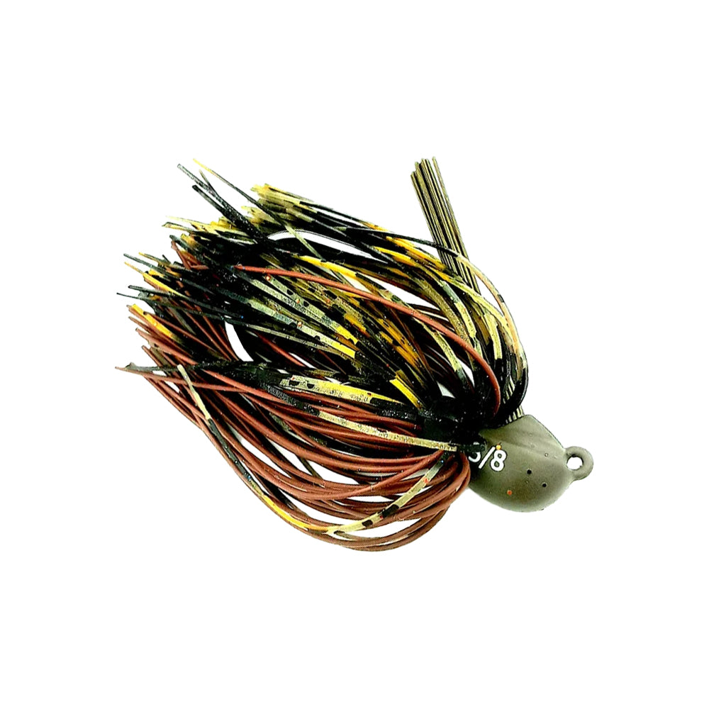 The Beast Coast Lil' Magnum Compact Flipping Tungsten Jig by Beast Coast features a 5/8 oz tungsten weight-forward design with a green head and multi-colored skirt of brown, yellow, and black speckled strands, perfect for fishing. It's shown on a white background.