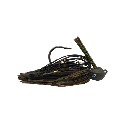 The Beast Coast Lil' Magnum Compact Flipping Tungsten Jig is perfect for weedy areas, featuring a weed guard, sharp hook, and weight-forward design. It has a green and brown multistrand skirt with "1/2" weight marking.