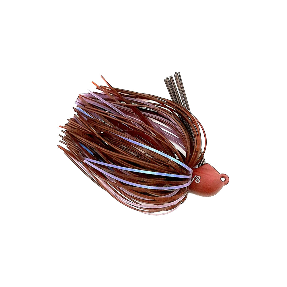 The Beast Coast Lil' Magnum Compact Flipping Tungsten Jig, in red and brown, features a skirt of thin flexible strands around its rounded head. Its weight-forward design ensures easy casting, with a small loop for quick line attachment to enhance your fishing experience.