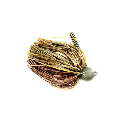 The Beast Coast Lil' Magnum Compact Flipping Tungsten Jig has a "3/8" inscribed head, multi-colored silicone skirt in brown, yellow, and tan, and its weight-forward design mimics prey to attract fish.