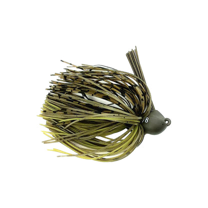 The Beast Coast Lil' Magnum Compact Flipping Tungsten Jig features a dark round head and long, thin multi-colored strands in green and brown to imitate underwater vegetation. Its weight-forward design ensures precise casting with an ideal presentation.