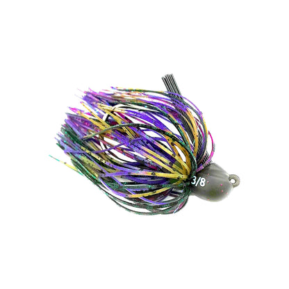 The Beast Coast Lil' Magnum Compact Flipping Tungsten Jigs by Beast Coast features a weight-forward design with a gray "3/8" head and vibrant strands of green, purple, yellow, and black attached at the top, resembling a jig or spinnerbait.