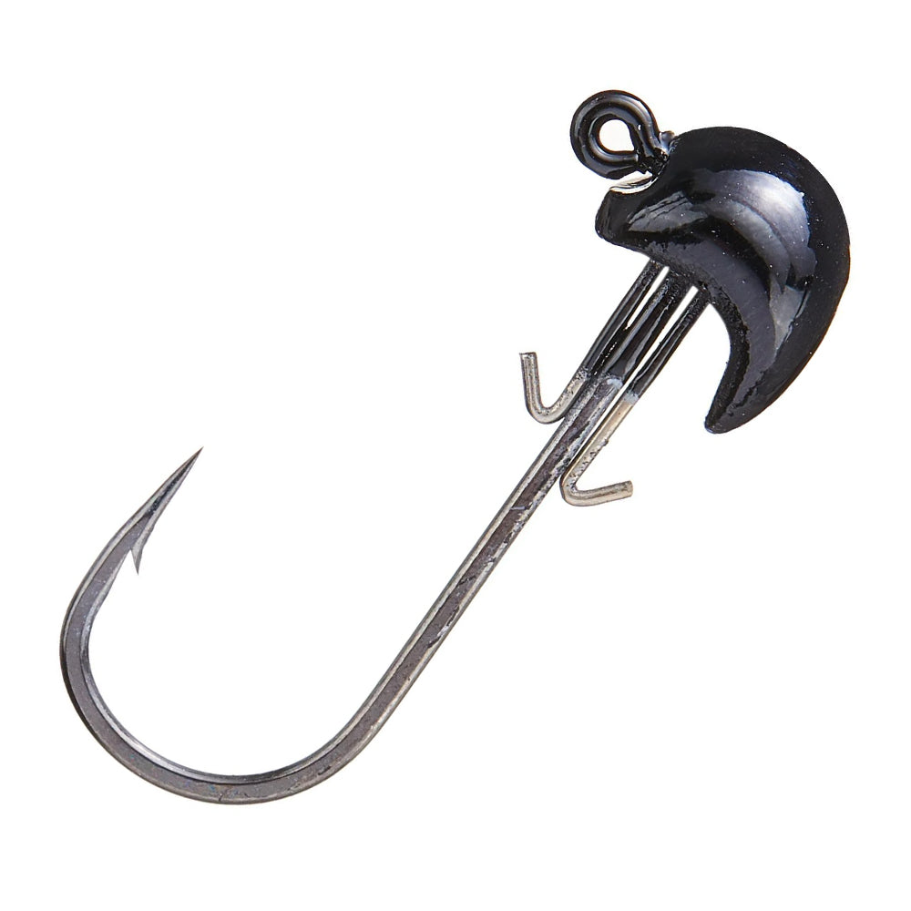 Close-up of a shiny black BKK hook integrated with a Beast Coast Swimbait Sled Jig Head, featuring a sharp point and barbs. The rounded jig head enhances weight and attraction, making it perfect for underwater use in your fishing setup.