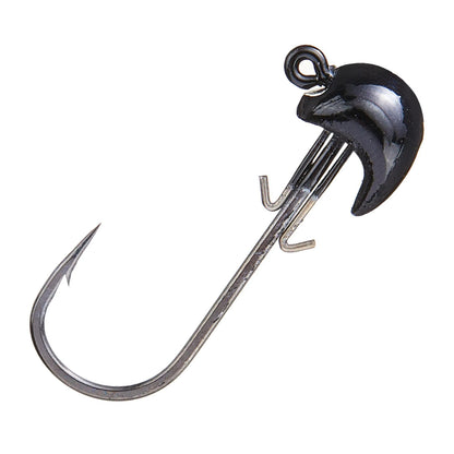 Close-up of a shiny black BKK hook integrated with a Beast Coast Swimbait Sled Jig Head, featuring a sharp point and barbs. The rounded jig head enhances weight and attraction, making it perfect for underwater use in your fishing setup.