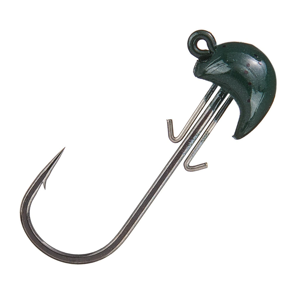 The Beast Coast Swimbait Sled Jig Heads have a curved metallic hook with a dark green bulbous head, sharp point, and top loop for easy attachment, crafted with quality like BKK hooks.