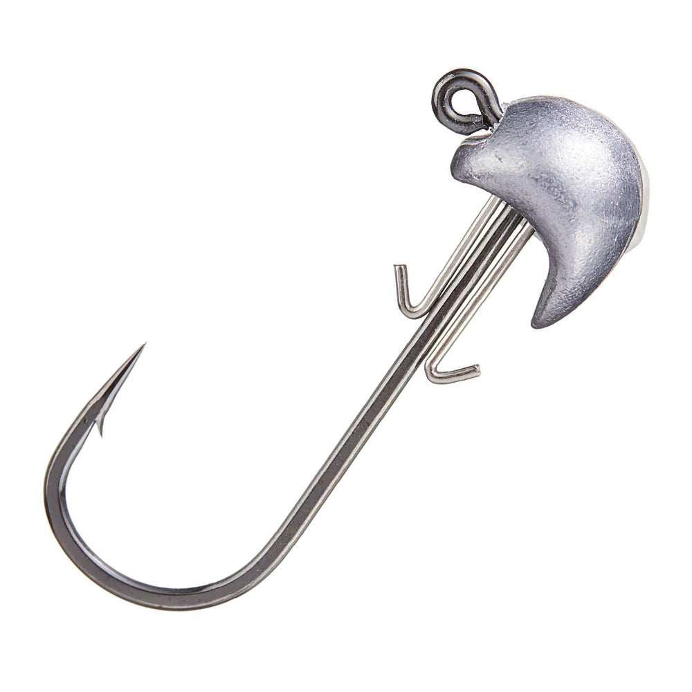 Close-up of the Beast Coast Swimbait Sled Jig Head by Beast Coast, featuring a shiny silver BKK hook with a curved tip and sturdy head. The jig head has two barbs on the shank to secure bait, and its sleek metallic design beautifully reflects light.