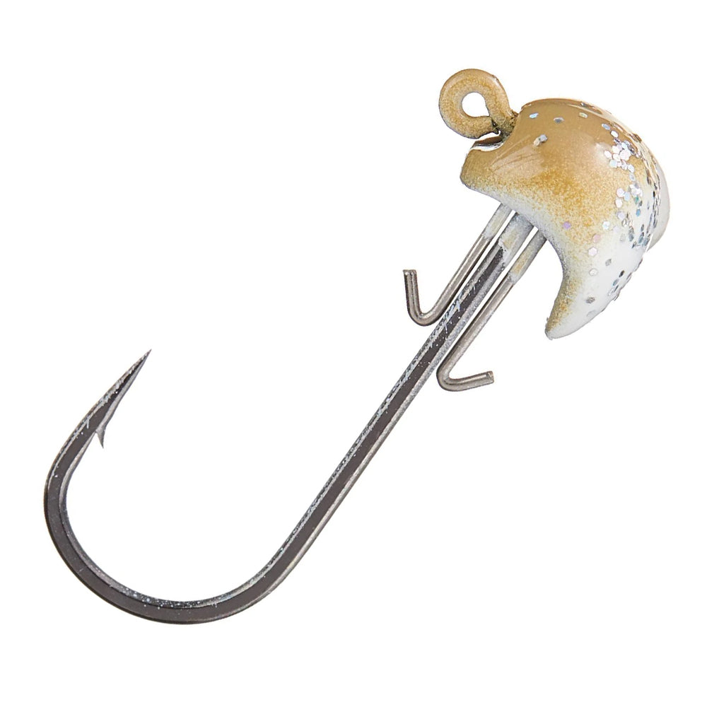 The Beast Coast Swimbait Sled Jig Heads feature a BKK hook with a brown and white speckled, mushroom-shaped jig head, enhanced by two barbs on the shaft for precise and secure catches.