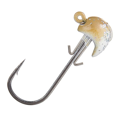 The Beast Coast Swimbait Sled Jig Heads feature a BKK hook with a brown and white speckled, mushroom-shaped jig head, enhanced by two barbs on the shaft for precise and secure catches.