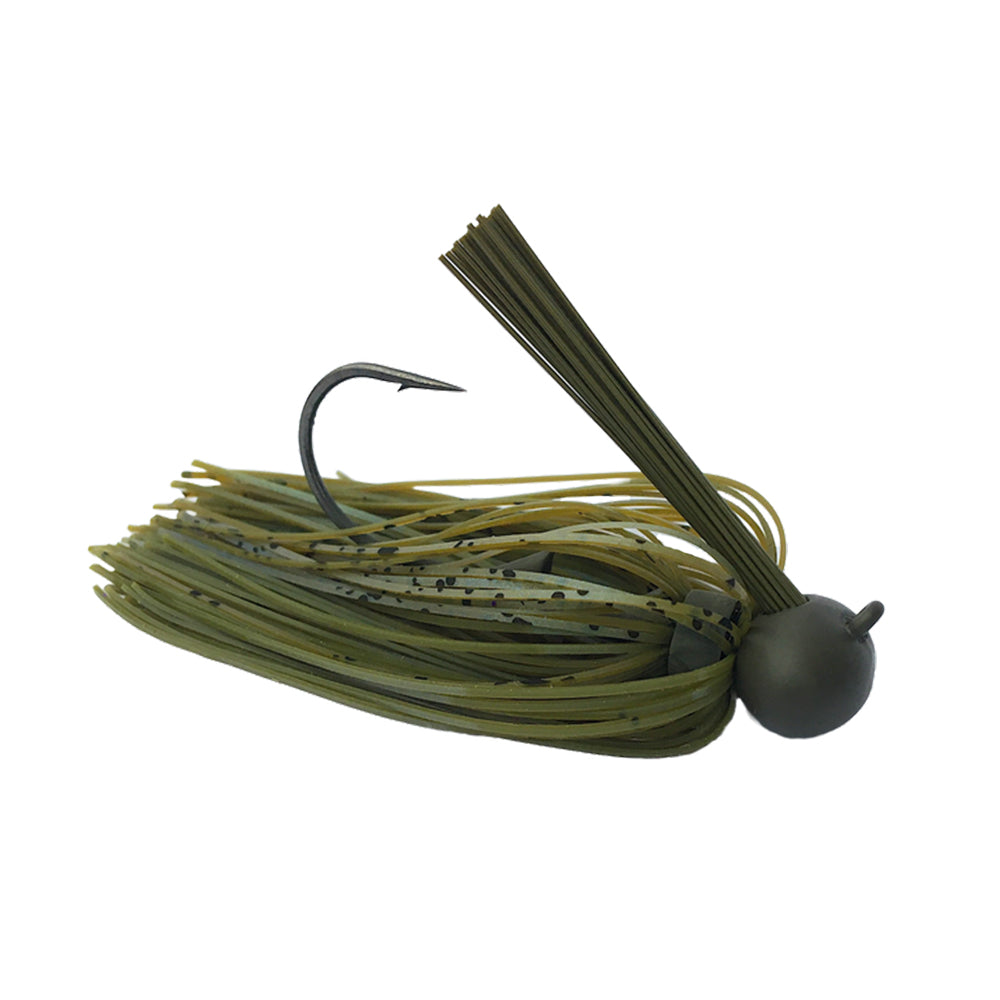 The Beast Coast Max Feel Tungsten Football Jig by Beast Coast features a green and black speckled finish, hand-tied skirt, single curved hook, and round weighted head, shown isolated on a white background.