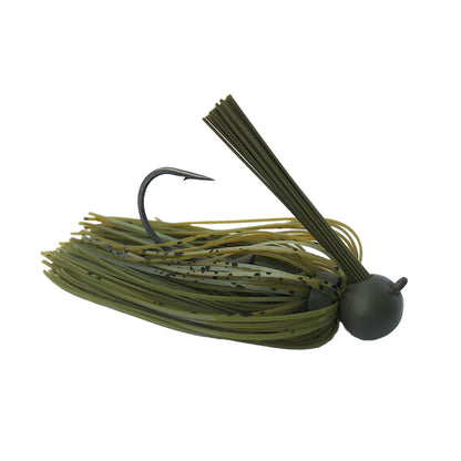 The Beast Coast Max Feel Tungsten Football Jig by Beast Coast features a green and black speckled finish, hand-tied skirt, single curved hook, and round weighted head, shown isolated on a white background.