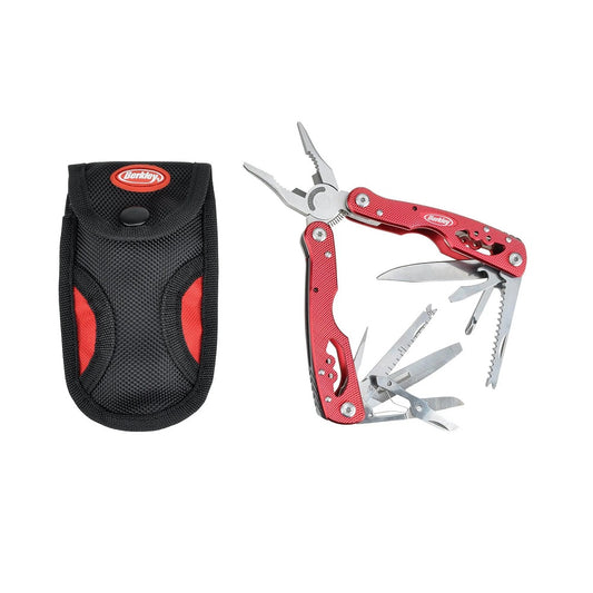 The Berkley Fishing Multi-Tool by Berkley features red and silver stainless steel with tools like needle-nose pliers, knife, saw, and screwdrivers. Shown with a black and red fabric pouch—ideal for fishing trips.
