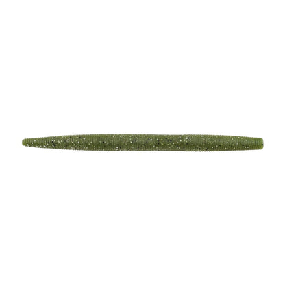 A ribbed, worm-like, green object resembling the PowerBait MaxScent The General by Berkley rests on a plain white background.