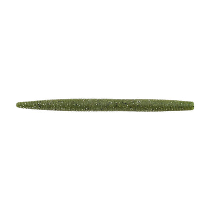 The Berkley PowerBait MaxScent The General, a long, green, ribbed plastic worm lure by Berkley, is ideal for finesse presentations, offering subtlety and precision for anglers.