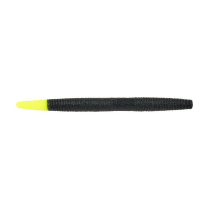 The Berkley Powerbait MaxScent The General is a black soft plastic worm with a fluorescent yellow tip, set against a white background. Ideal for finesse presentations, this Berkley lure provides subtle allure to tempt even the most cautious fish.