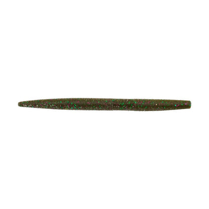 A close-up of the Berkley Powerbait MaxScent The General, a green soft plastic worm-like lure ideal for finesse presentations. It features an elongated shape with ribbed texture and red and green glitter flecks, capturing attention like other products in the Berkley PowerBait MaxScent line.