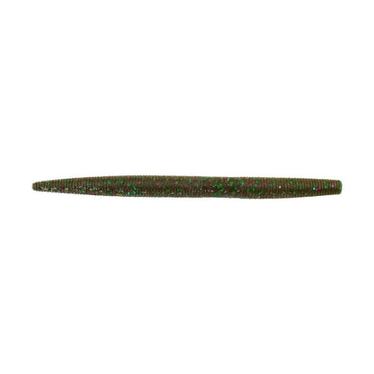 The Berkley PowerBait MaxScent The General, a long, slender stick bait with ribbed texture and green sparkly surface for finesse presentations, is designed to resemble a worm. Photographed on a plain white background.