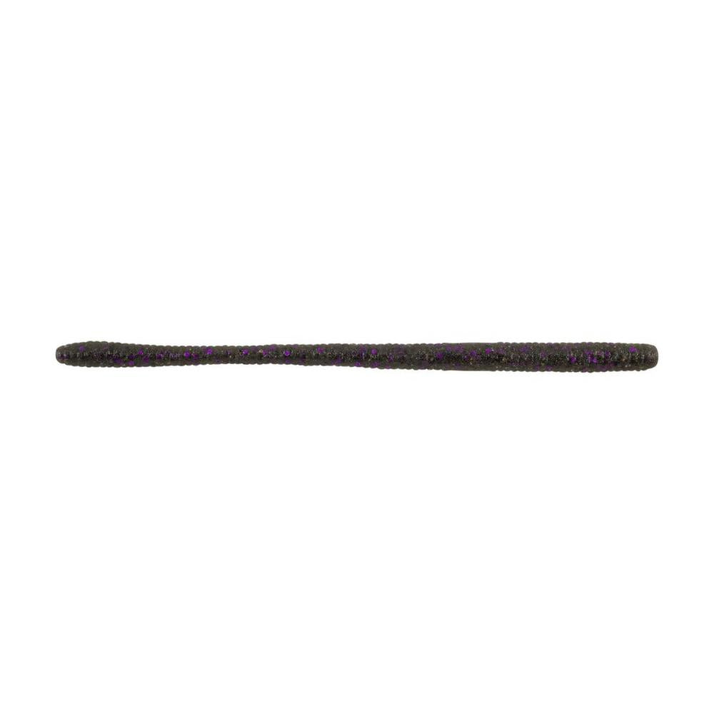 A slender, dark Berkley Powerbait MaxScent D-Worm by Berkley with a textured surface is displayed on a white background.