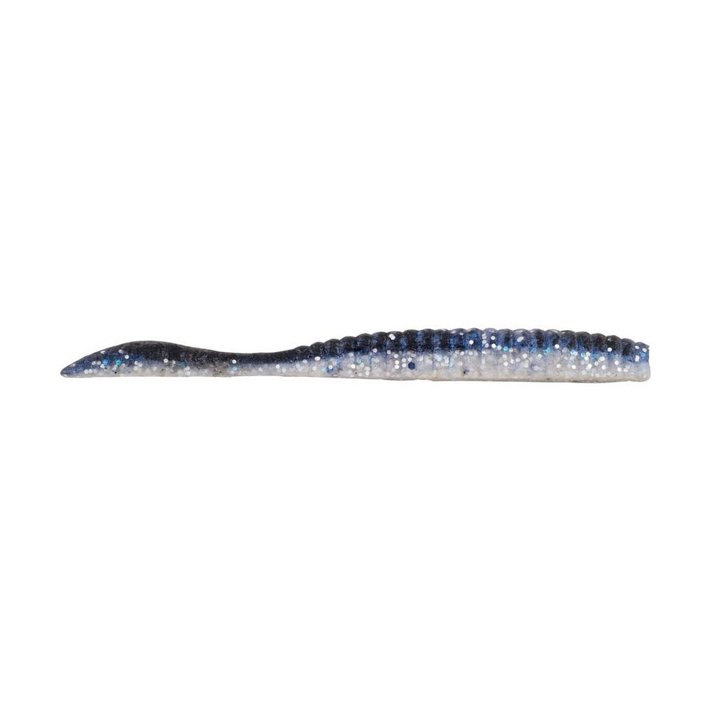 The Berkley PowerBait MaxScent Flat Worm by Berkley is a soft plastic lure with a ribbed body and dark blue-to-white color gradient, featuring silver and blue glitter for extra attraction, ideal for enticing finicky fish.