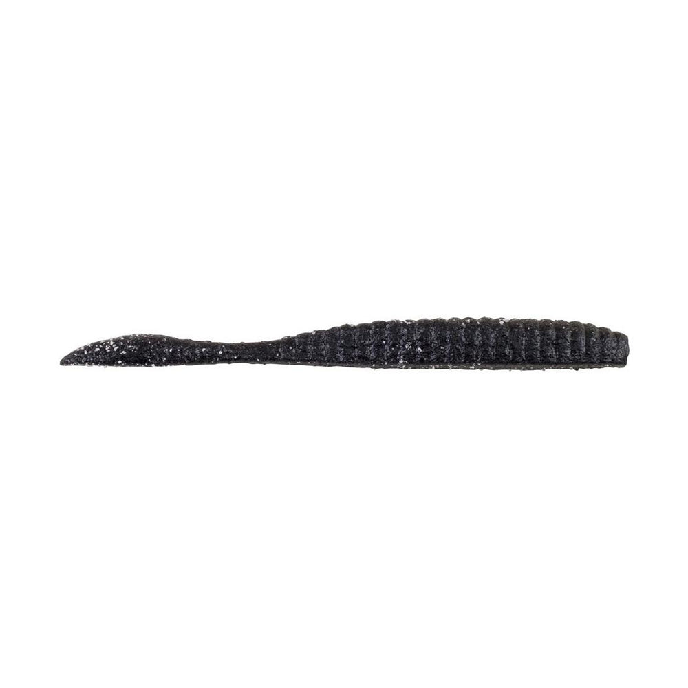 The Berkley Powerbait MaxScent Flat Worm by Berkley is a black, ribbed, soft plastic fishing lure shaped like a baitfish, shown against a white background.