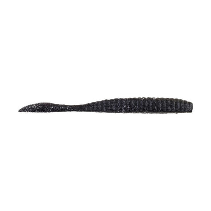 The Berkley Powerbait MaxScent Flat Worm by Berkley is a black, ribbed, soft plastic fishing lure shaped like a baitfish, shown against a white background.