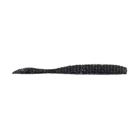 The Berkley Powerbait MaxScent Flat Worm by Berkley is a black, ribbed, soft plastic fishing lure shaped like a baitfish, shown against a white background.