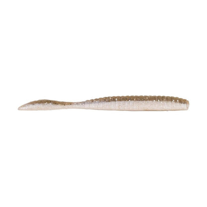 The Berkley PowerBait MaxScent Flat Worm by Berkley is a soft, ribbed plastic fishing lure with a tapered tail and brown-to-white color, ideal as a scented bait for drop shot rigs.