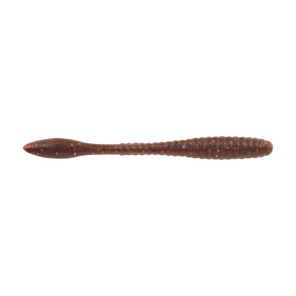 The Berkley Powerbait MaxScent Flat Worm by Berkley is a soft plastic lure with a ribbed brown body, accented by purple and red speckles—ideal as a drop shot bait for finesse fishing techniques.