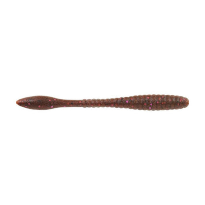 The Berkley Powerbait MaxScent Flat Worm by Berkley is a soft plastic lure with a ribbed brown body, accented by purple and red speckles—ideal as a drop shot bait for finesse fishing techniques.