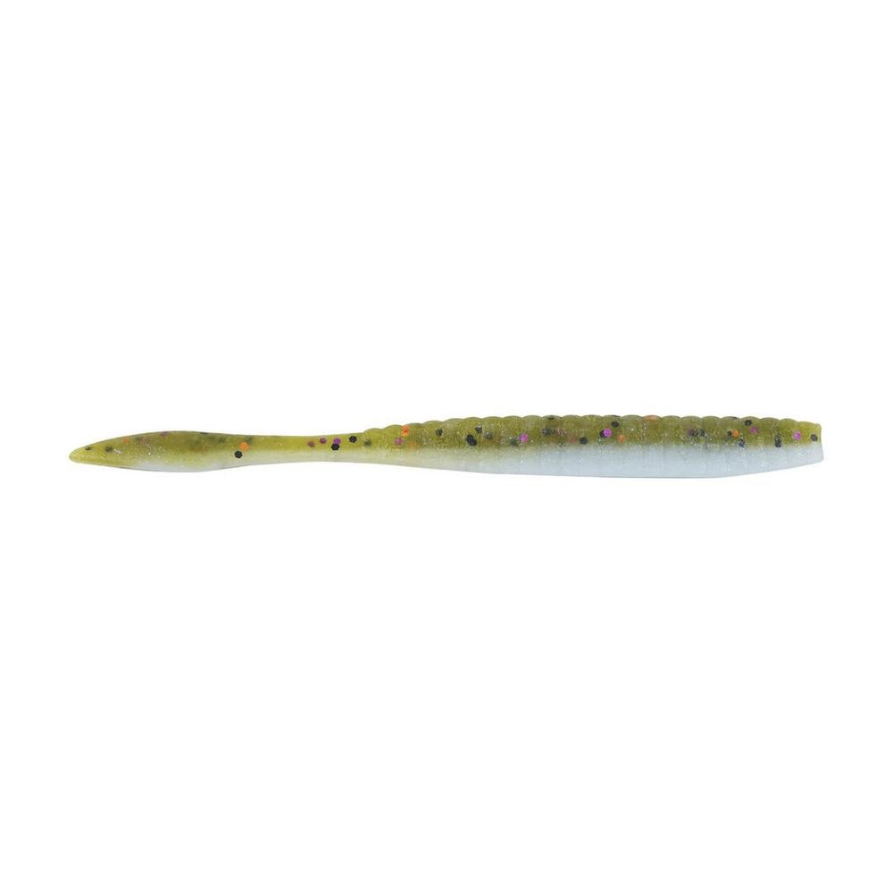 The Berkley Powerbait MaxScent Flat Worm by Berkley is a soft plastic lure with a green top, black and glitter spots, and a white belly—perfect for drop shot setups or as a scented fishing bait to attract more fish.