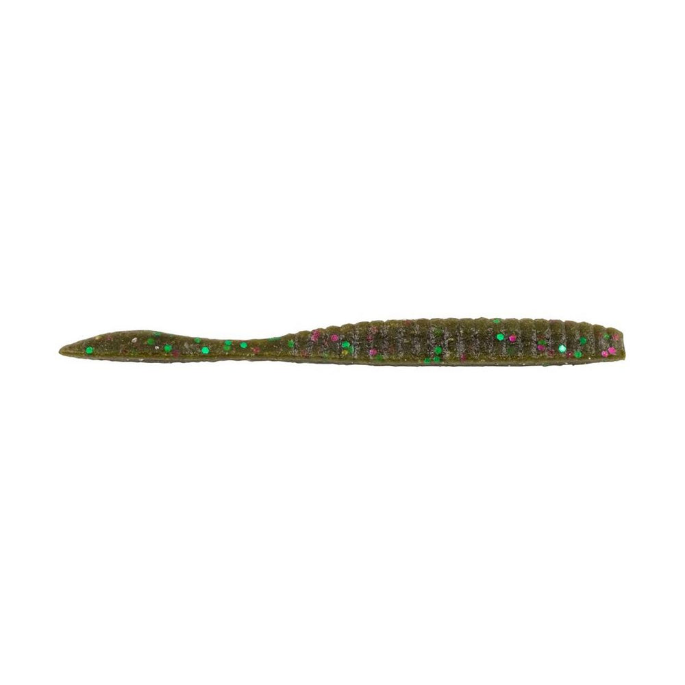 The Berkley Powerbait MaxScent Flat Worm by Berkley is a green, ribbed, soft plastic lure with pink and green glitter and a scent that attracts more fish.