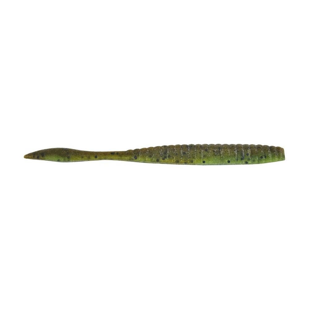 The Berkley Powerbait MaxScent Flat Worm by Berkley is a green, soft plastic fishing lure with a ribbed body and tapered tail. Scented to attract fish, it’s ideal as a drop shot bait and mimics small baitfish or worms.