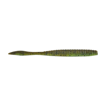 The Berkley Powerbait MaxScent Flat Worm by Berkley is a green, soft plastic fishing lure with a ribbed body and tapered tail. Scented to attract fish, it’s ideal as a drop shot bait and mimics small baitfish or worms.